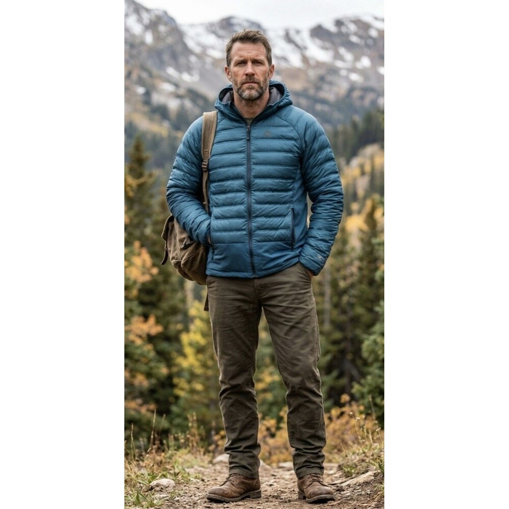 Gerry Jacket Men Size XL Puffer Teal Hooded 650 Fill Insulated Hybrid FLAW